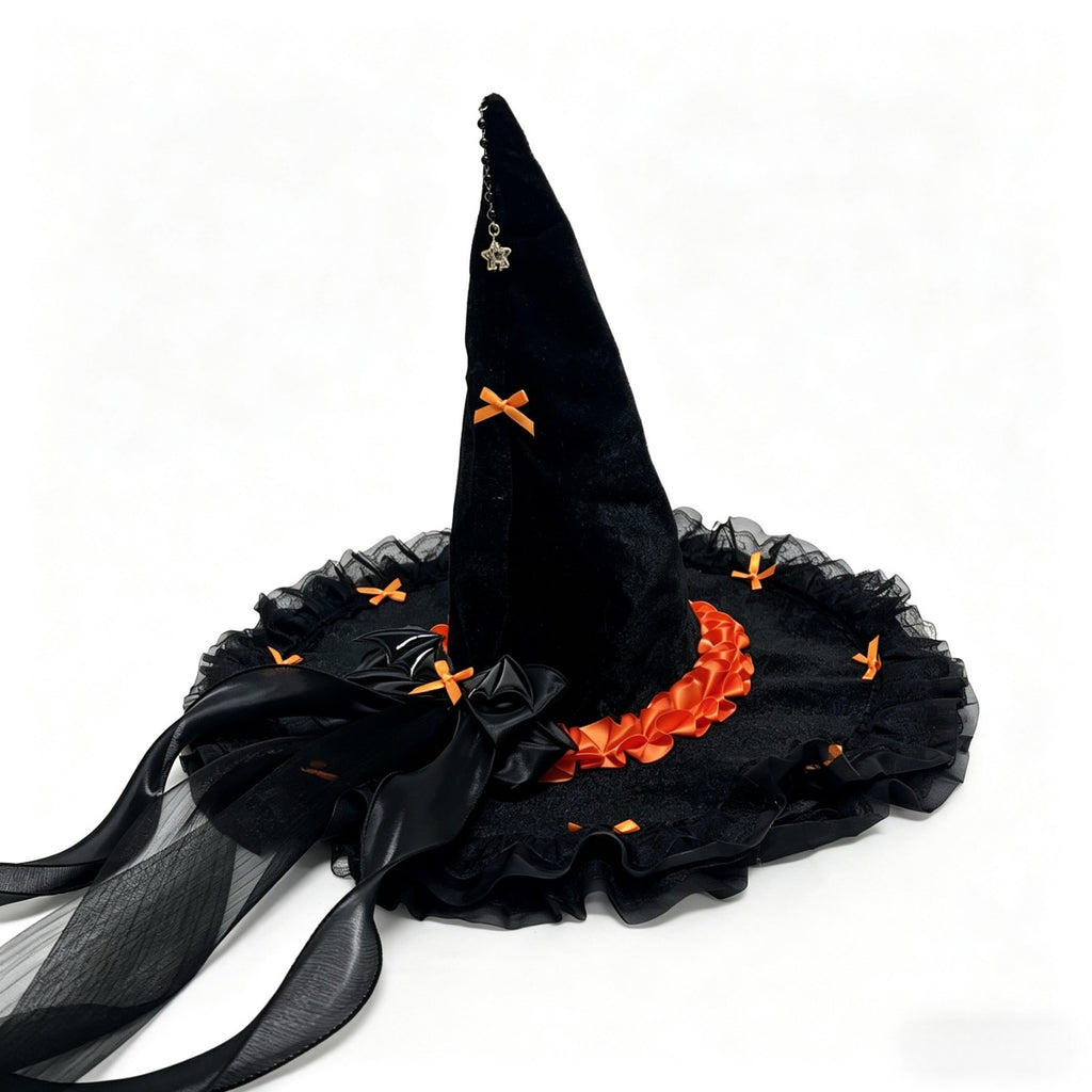 Velvet Witch Hat With Ribbon Trim And Lace - Orange - 2