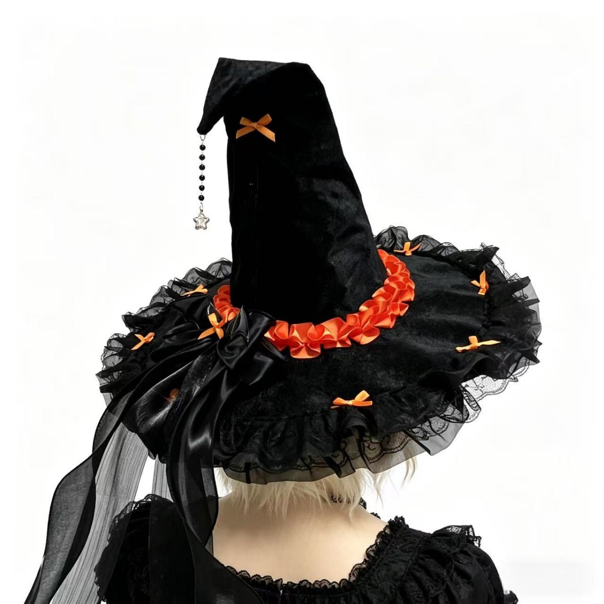 Velvet Witch Hat With Ribbon Trim And Lace - Orange - 3