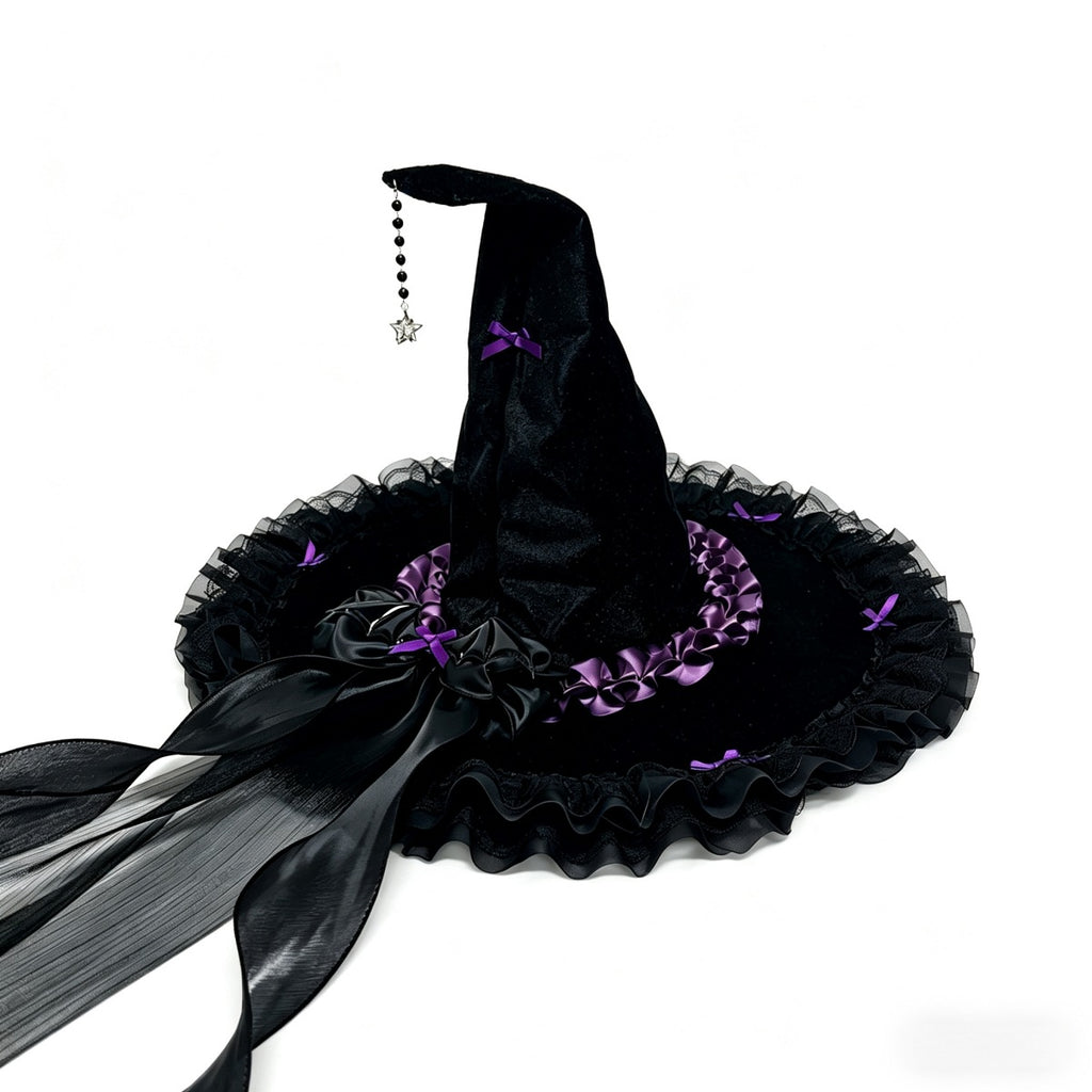Velvet Witch Hat With Ribbon Trim And Lace - Purple