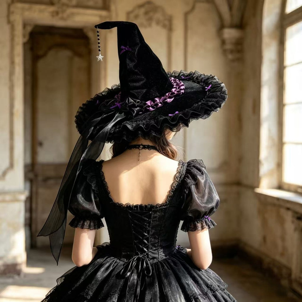 Velvet Witch Hat With Ribbon Trim And Lace - Purple - 1