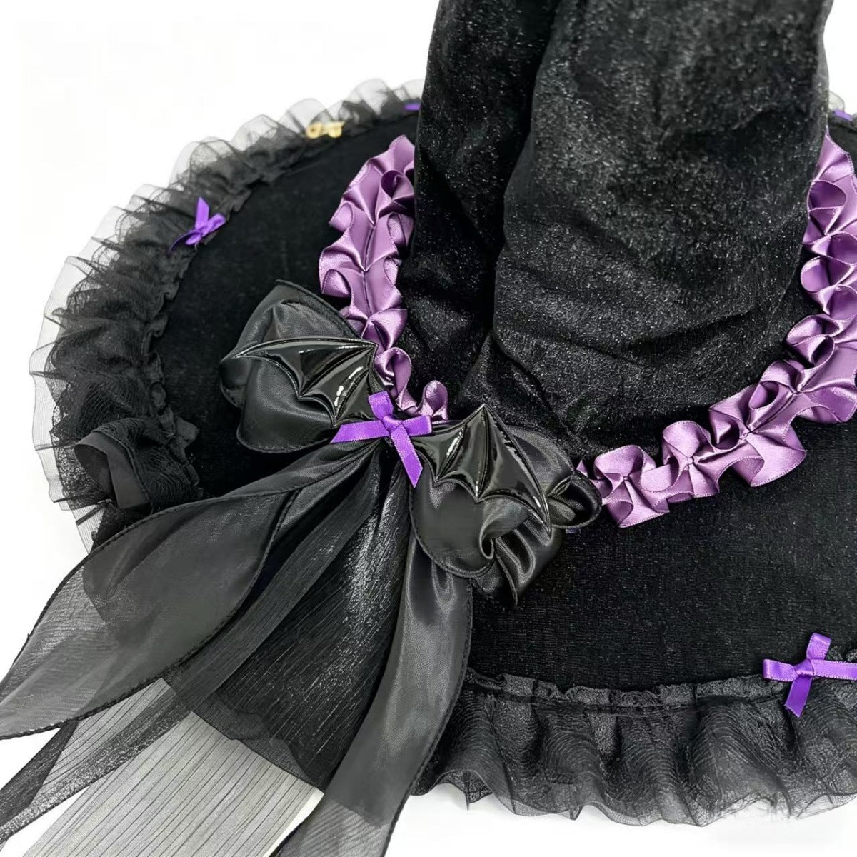 Velvet Witch Hat With Ribbon Trim And Lace - Purple - 2