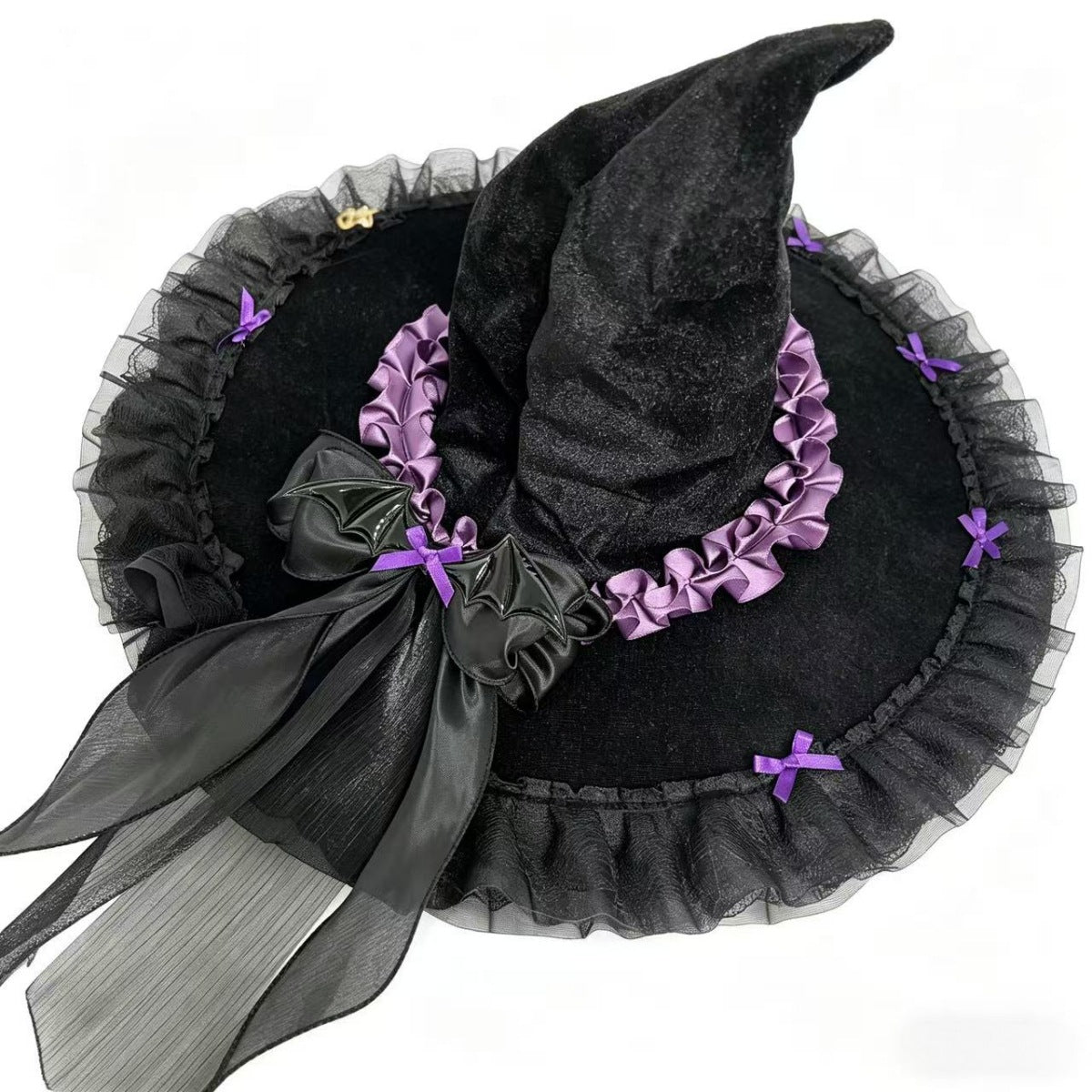 Velvet Witch Hat With Ribbon Trim And Lace - Purple - 3