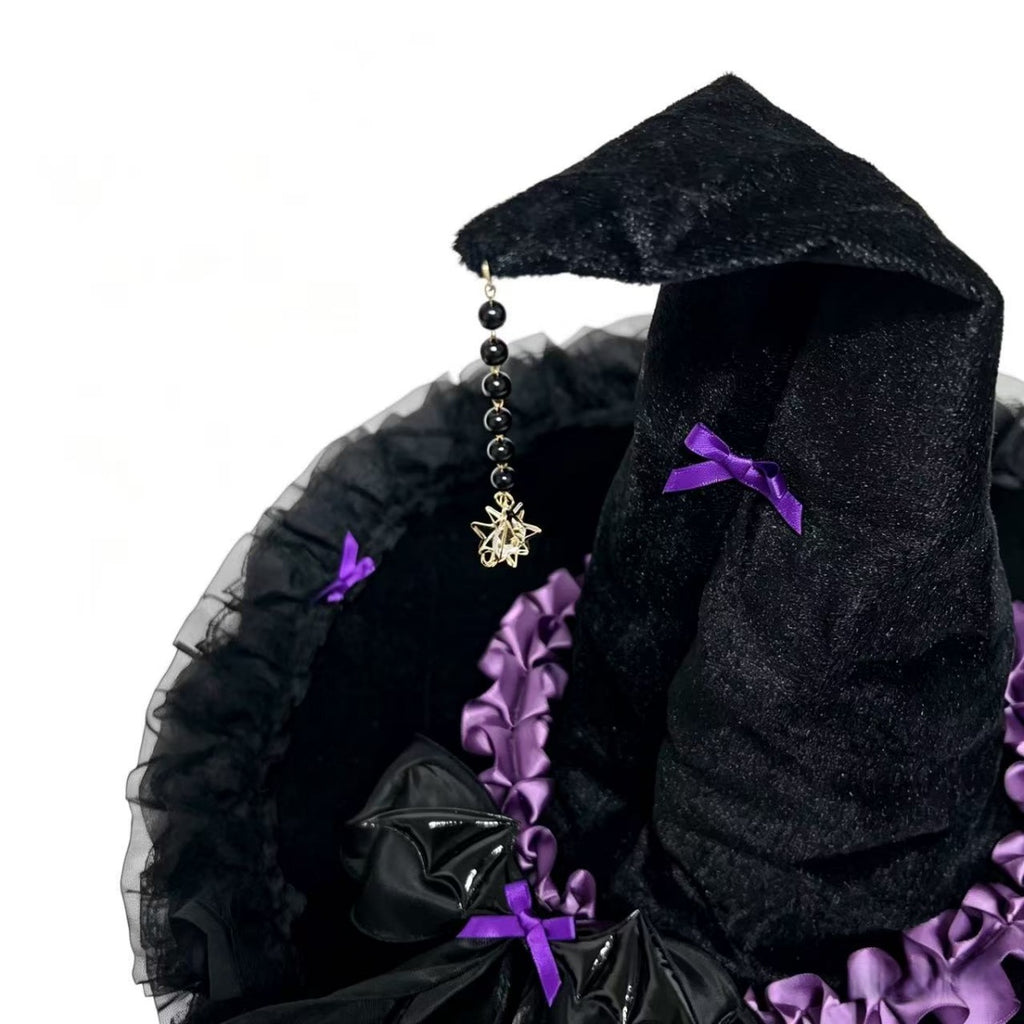 Velvet Witch Hat With Ribbon Trim And Lace - Purple - 4