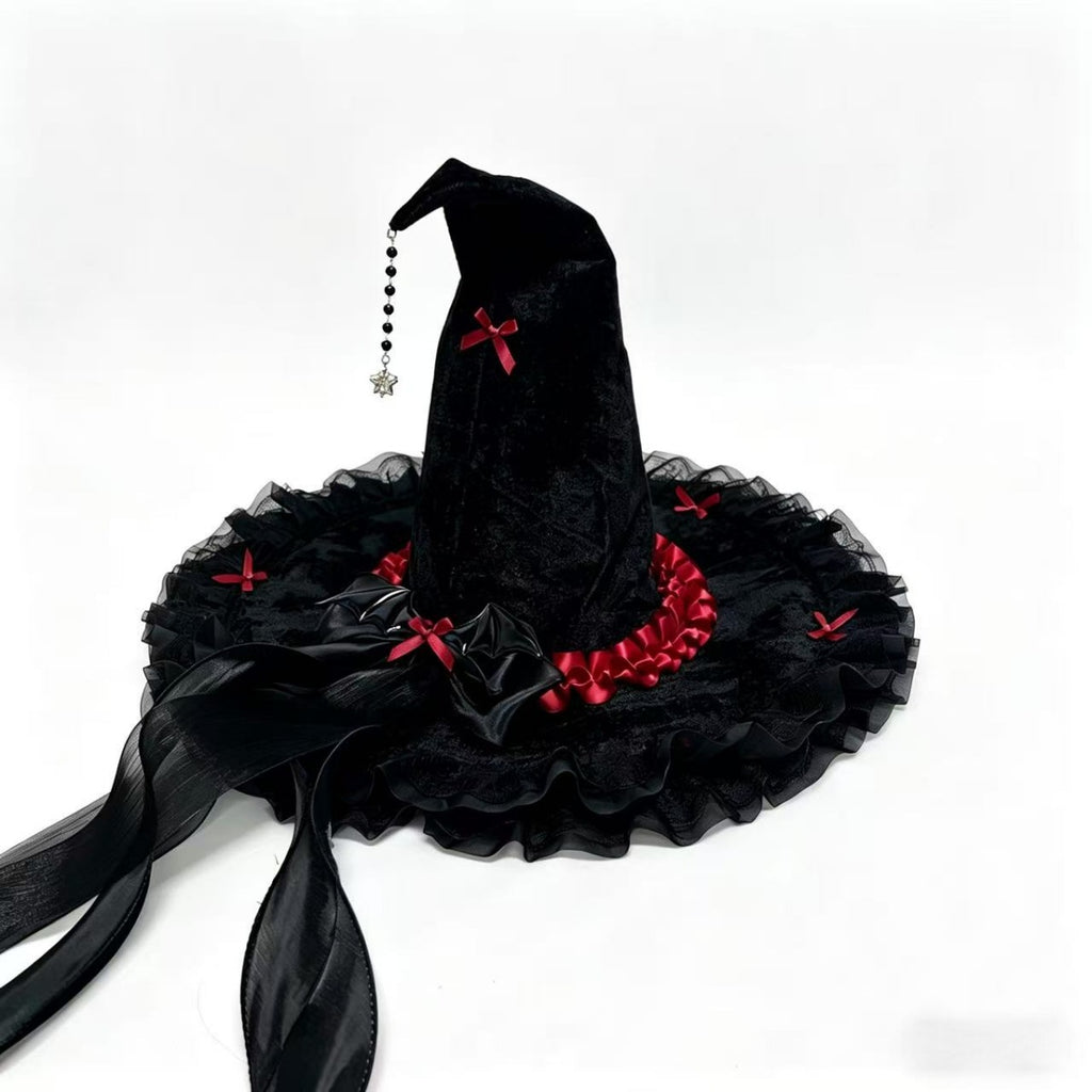 Velvet Witch Hat With Ribbon Trim And Lace - Red