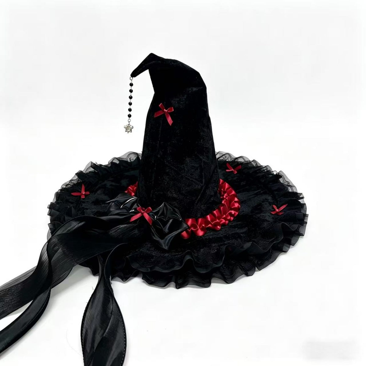 Velvet Witch Hat With Ribbon Trim And Lace - Red