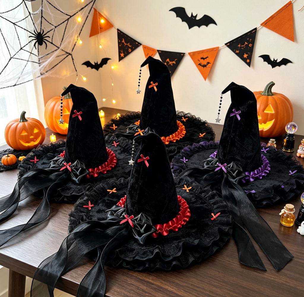 Velvet Witch Hat With Ribbon Trim And Lace