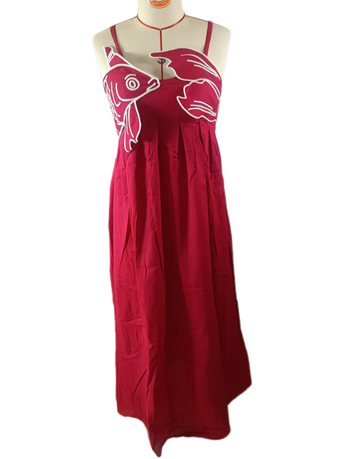 Embroidered Fish Smocked Bodice Maxi Dress - Red