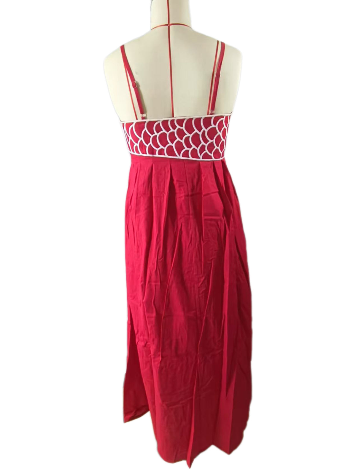 Embroidered Fish Smocked Bodice Maxi Dress - Red - 1