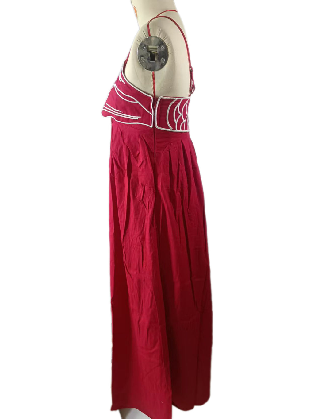 Embroidered Fish Smocked Bodice Maxi Dress - Red - 2