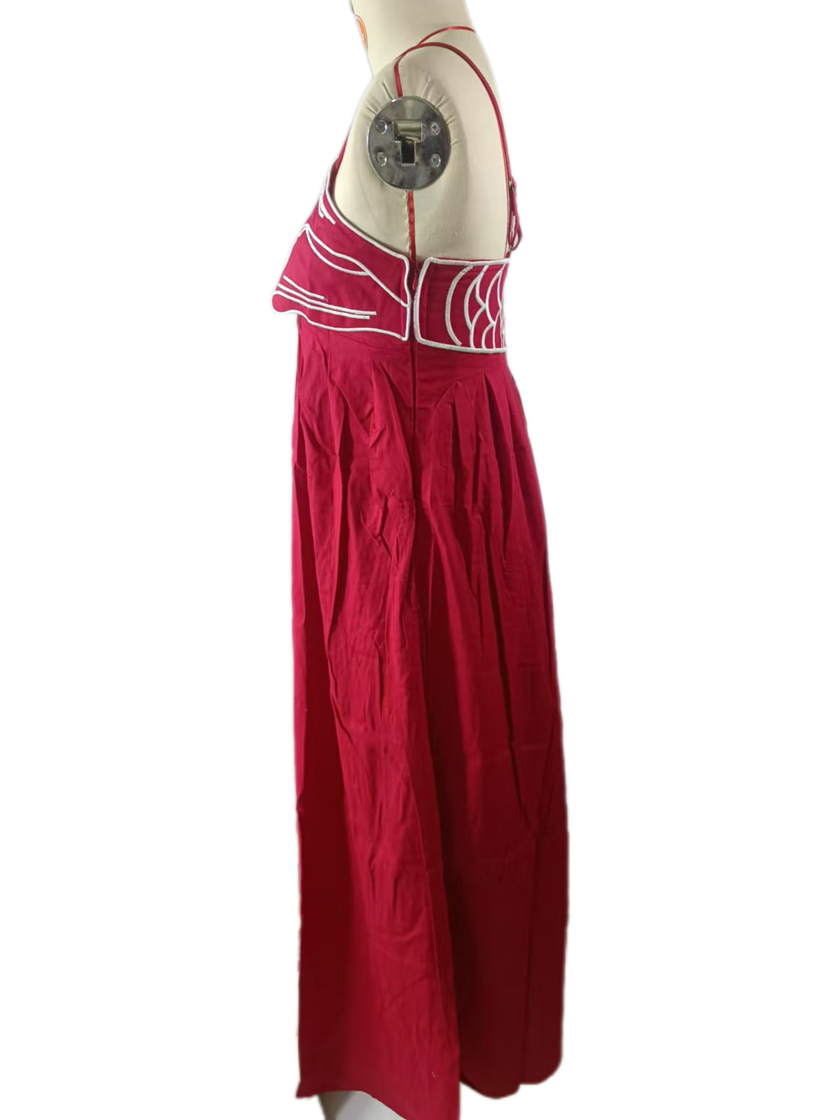 Embroidered Fish Smocked Bodice Maxi Dress - Red - 2