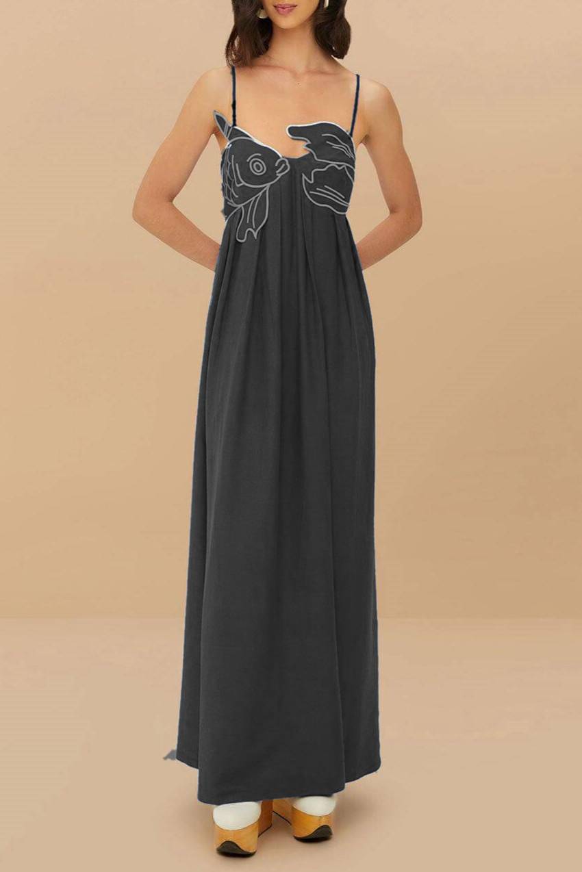 Embroidered Fish Smocked Bodice Maxi Dress - black