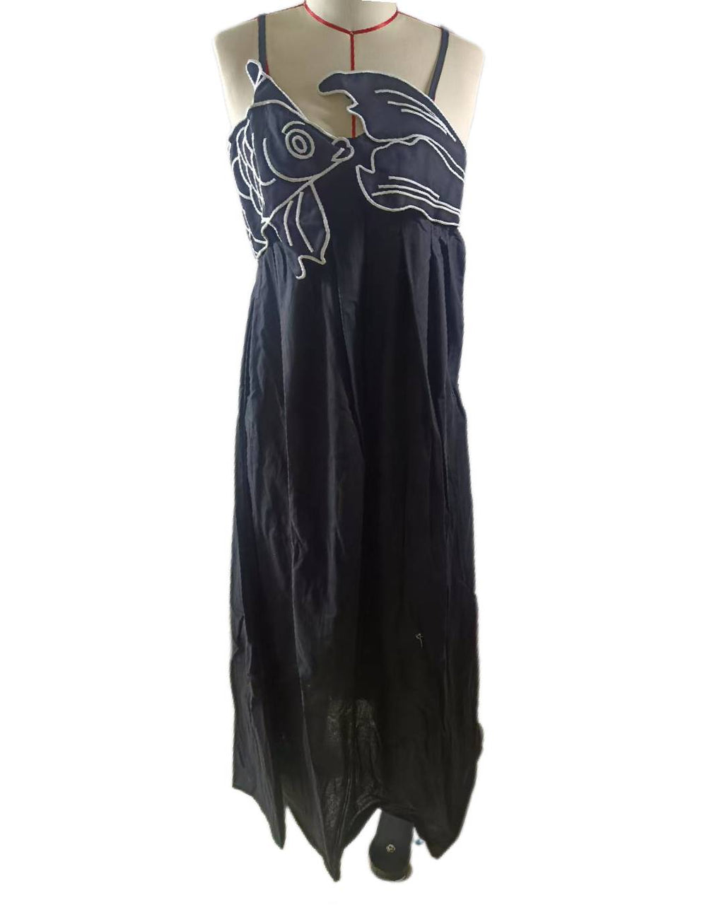 Embroidered Fish Smocked Bodice Maxi Dress - black - 1