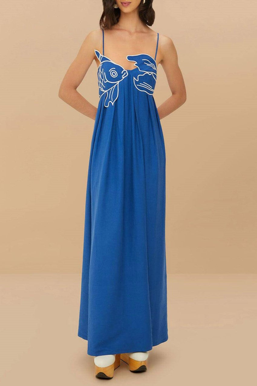 Embroidered Fish Smocked Bodice Maxi Dress - blue