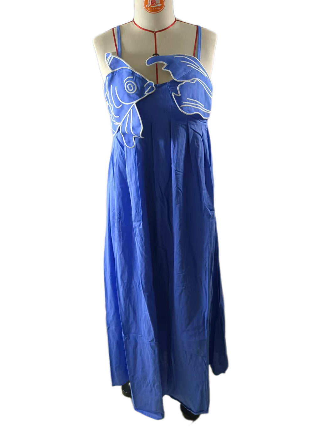 Embroidered Fish Smocked Bodice Maxi Dress - blue - 1
