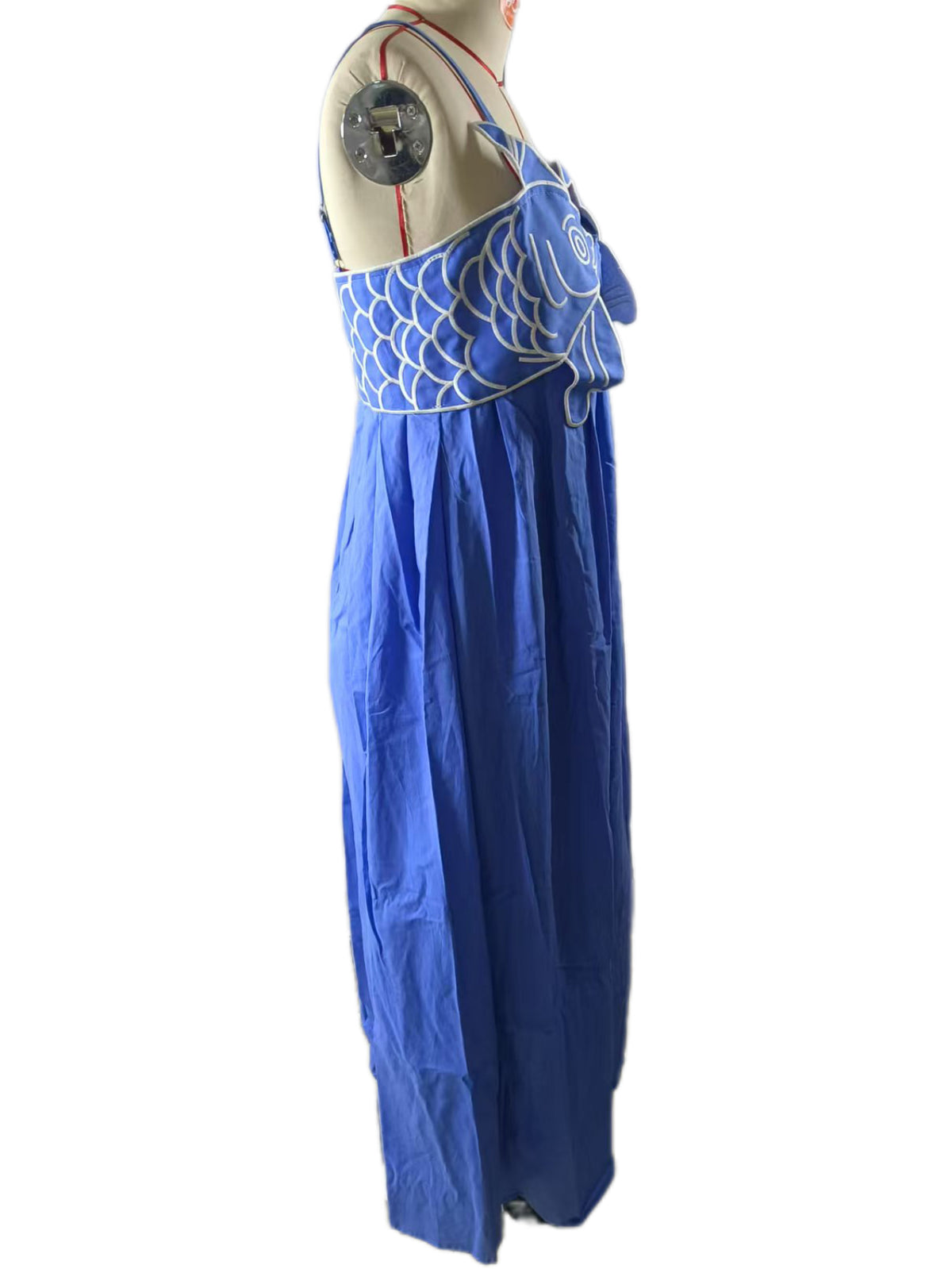Embroidered Fish Smocked Bodice Maxi Dress - blue - 2