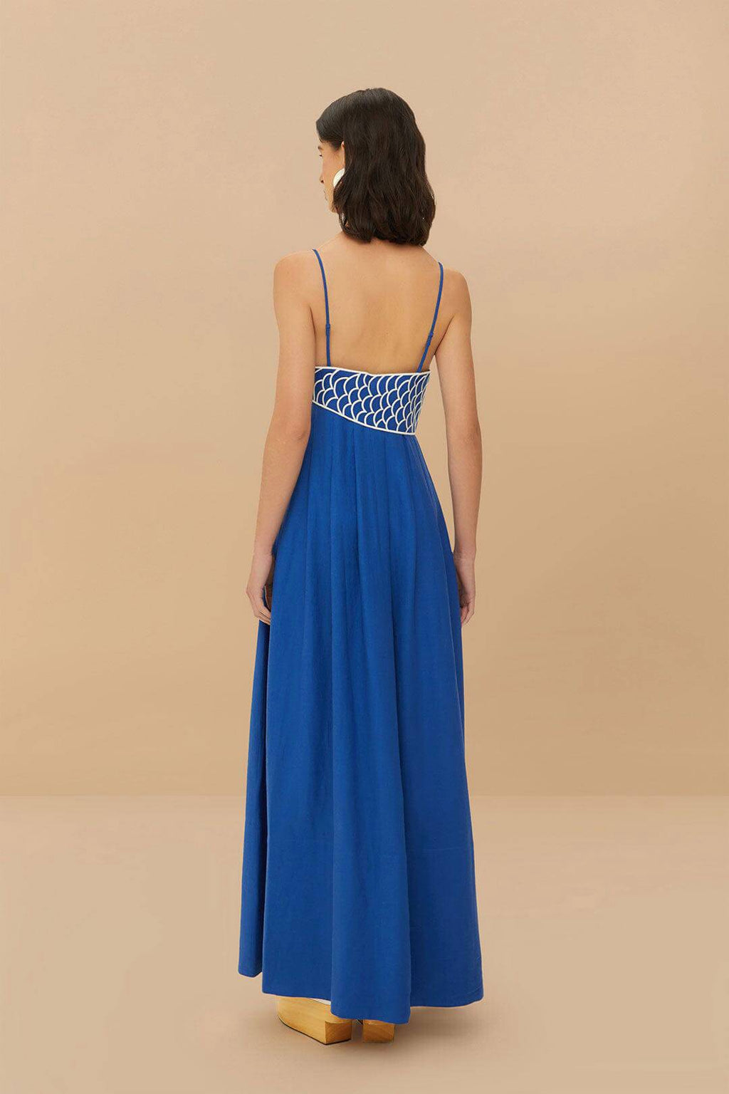 Embroidered Fish Smocked Bodice Maxi Dress - blue - 3