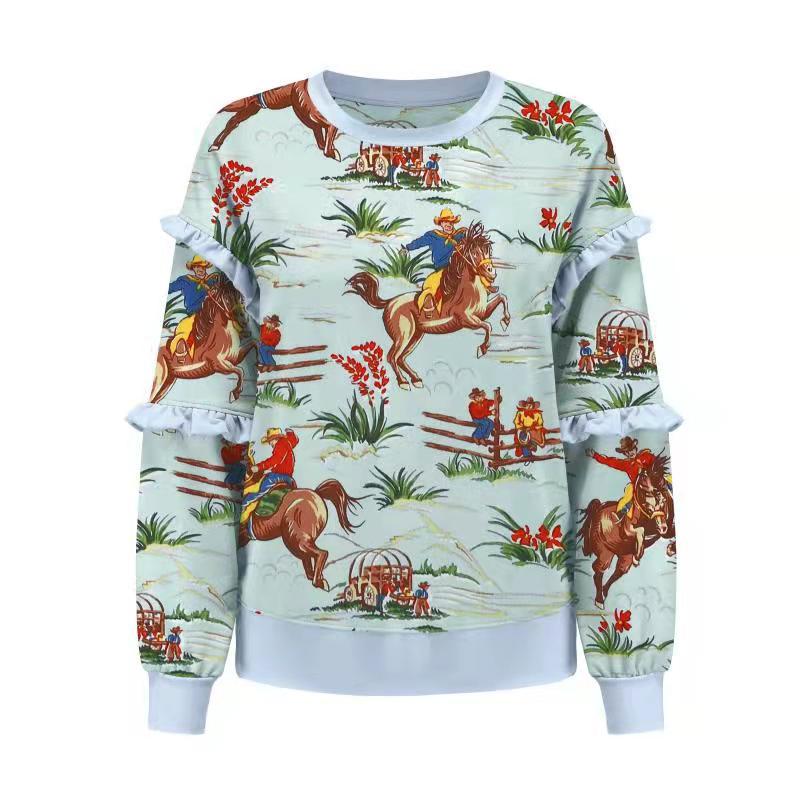Western Rodeo Print Ruffle Sleeve Blouse - Printed