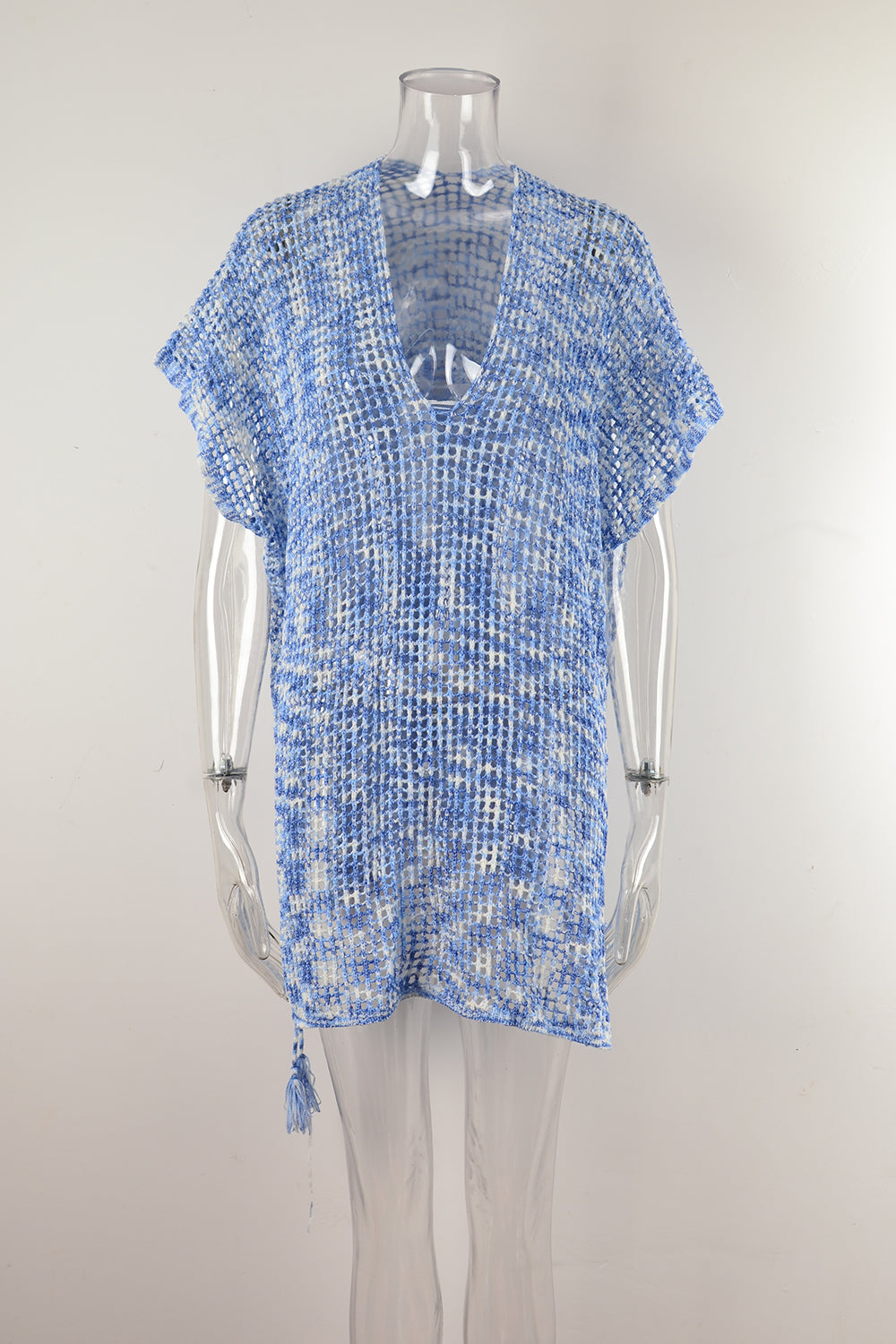 Open Mesh Knit Kaftan Swim Cover Up - Blue - 3