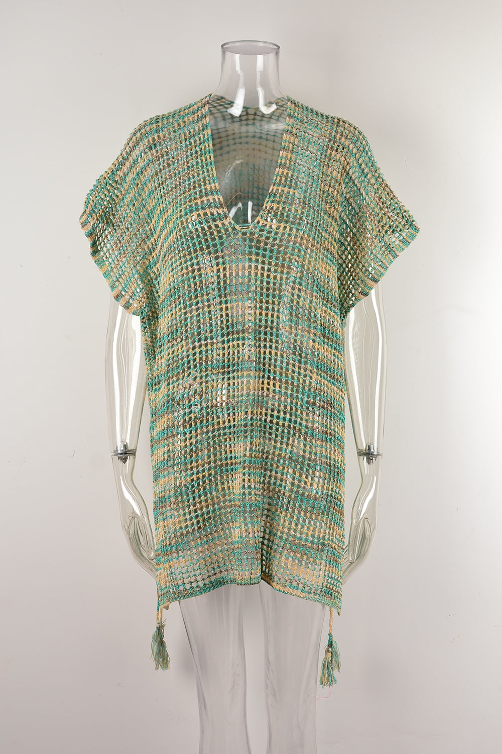 Open Mesh Knit Kaftan Swim Cover Up - Green - 2
