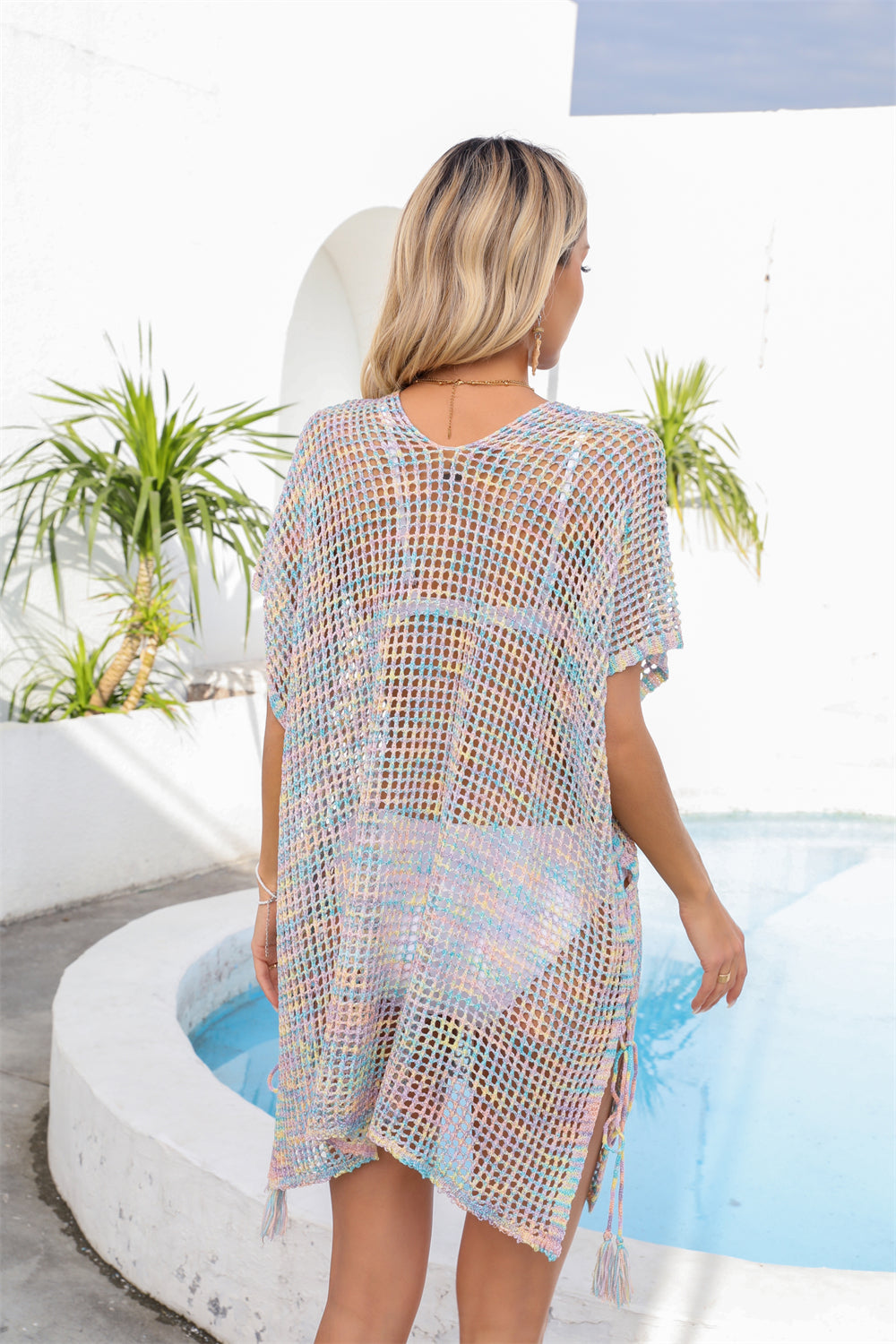Open Mesh Knit Kaftan Swim Cover Up - Yellow - 3