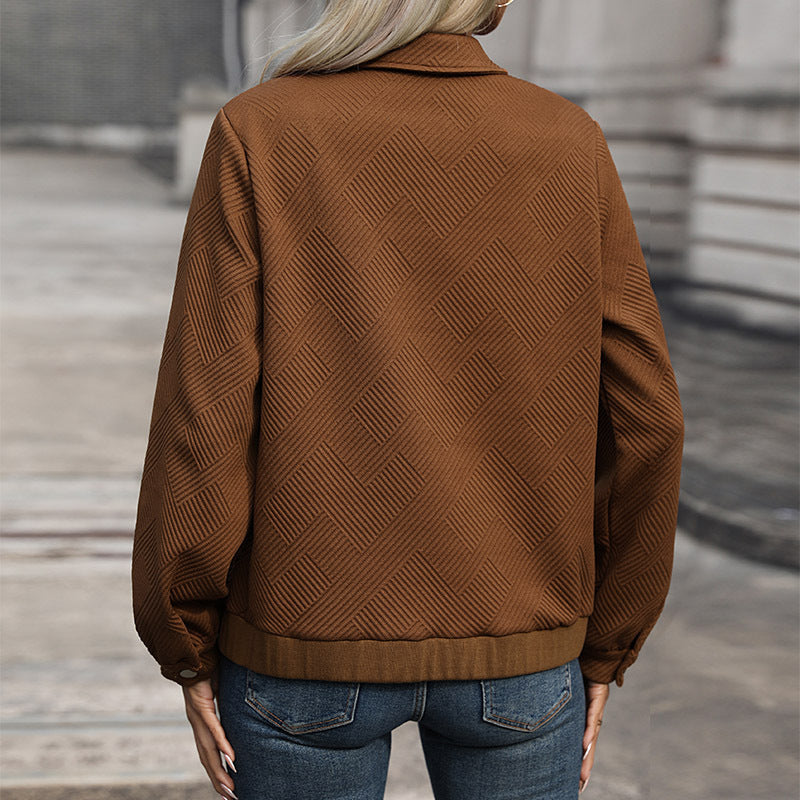 Textured Zip Up Collared Bomber Jacket - Brown - 1