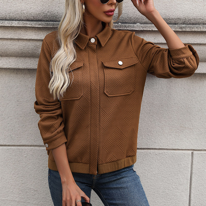 Textured Zip Up Collared Bomber Jacket - Brown - 2