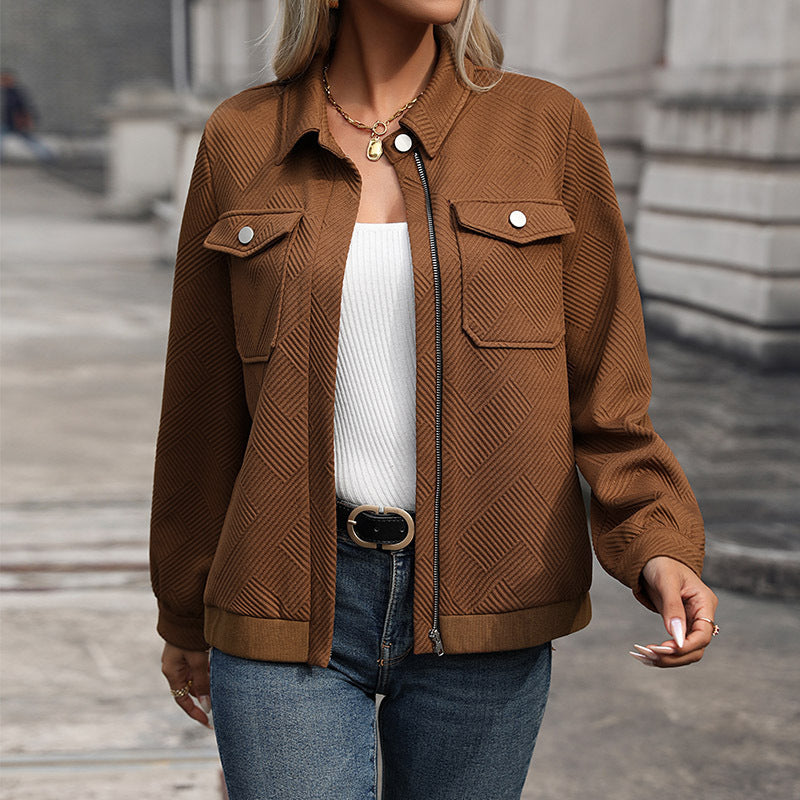 Textured Zip Up Collared Bomber Jacket - Brown - 3