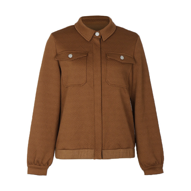 Textured Zip Up Collared Bomber Jacket - Brown - 4