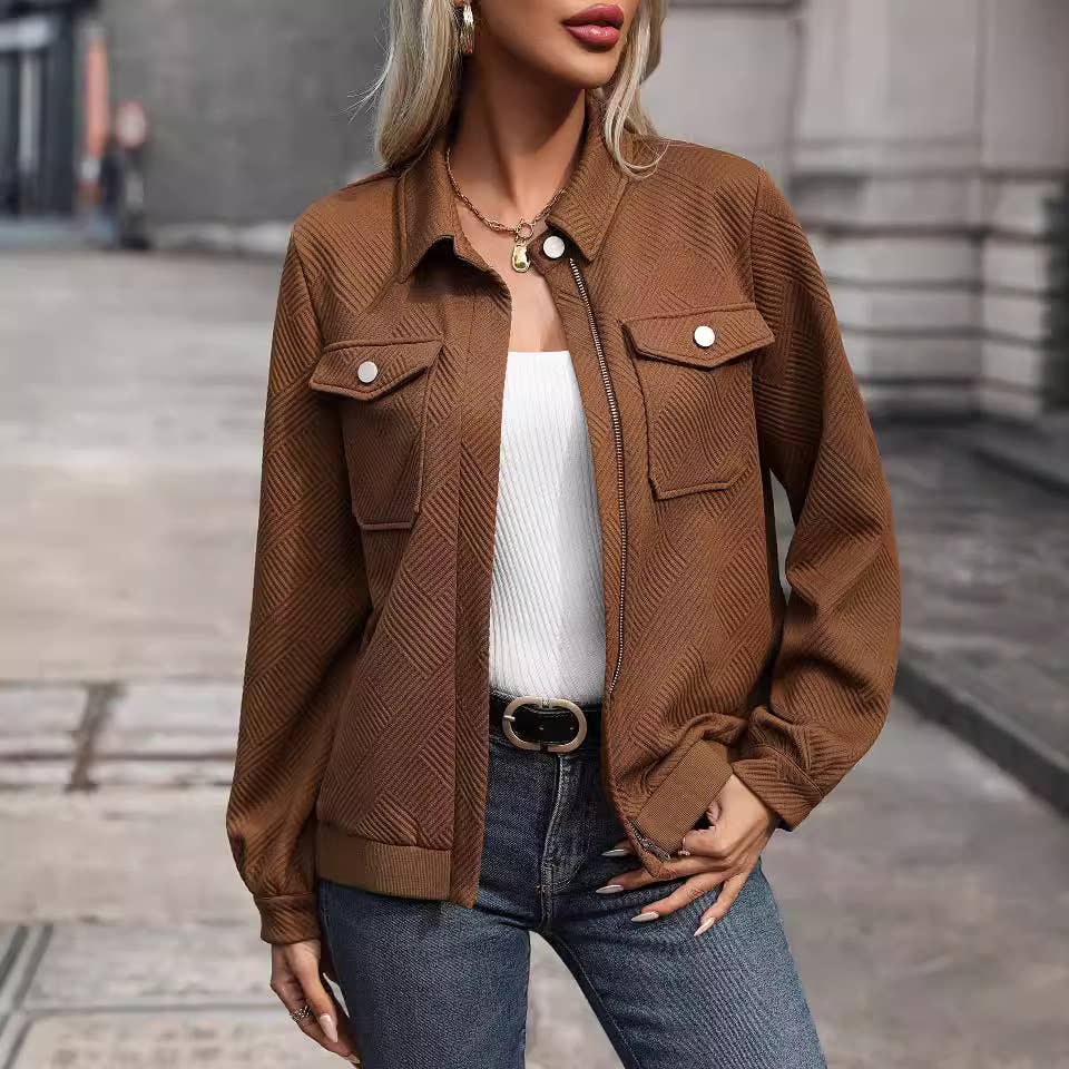 Textured Zip Up Collared Bomber Jacket