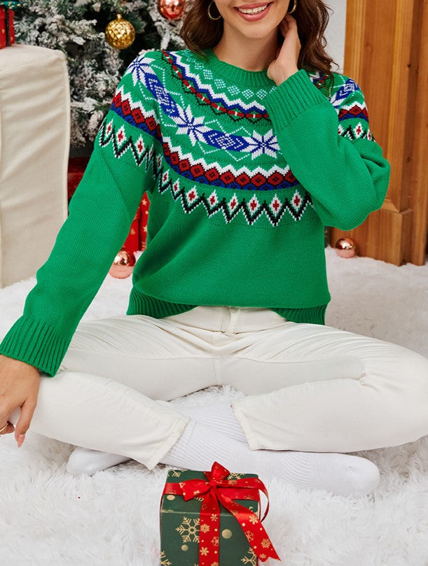 Nordic Snowflake Yoke Crewneck Sweater - Green - 1
