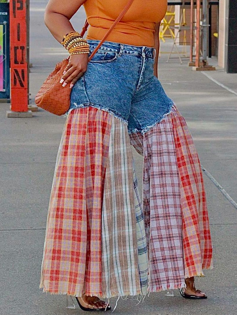 Plaid Patchwork Denim Wide Leg Jeans - Blue