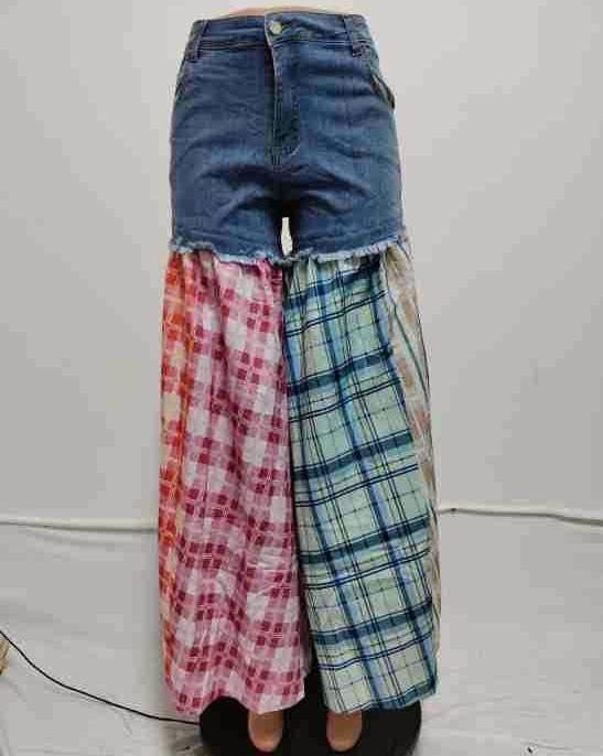 Plaid Patchwork Denim Wide Leg Jeans - Blue - 1
