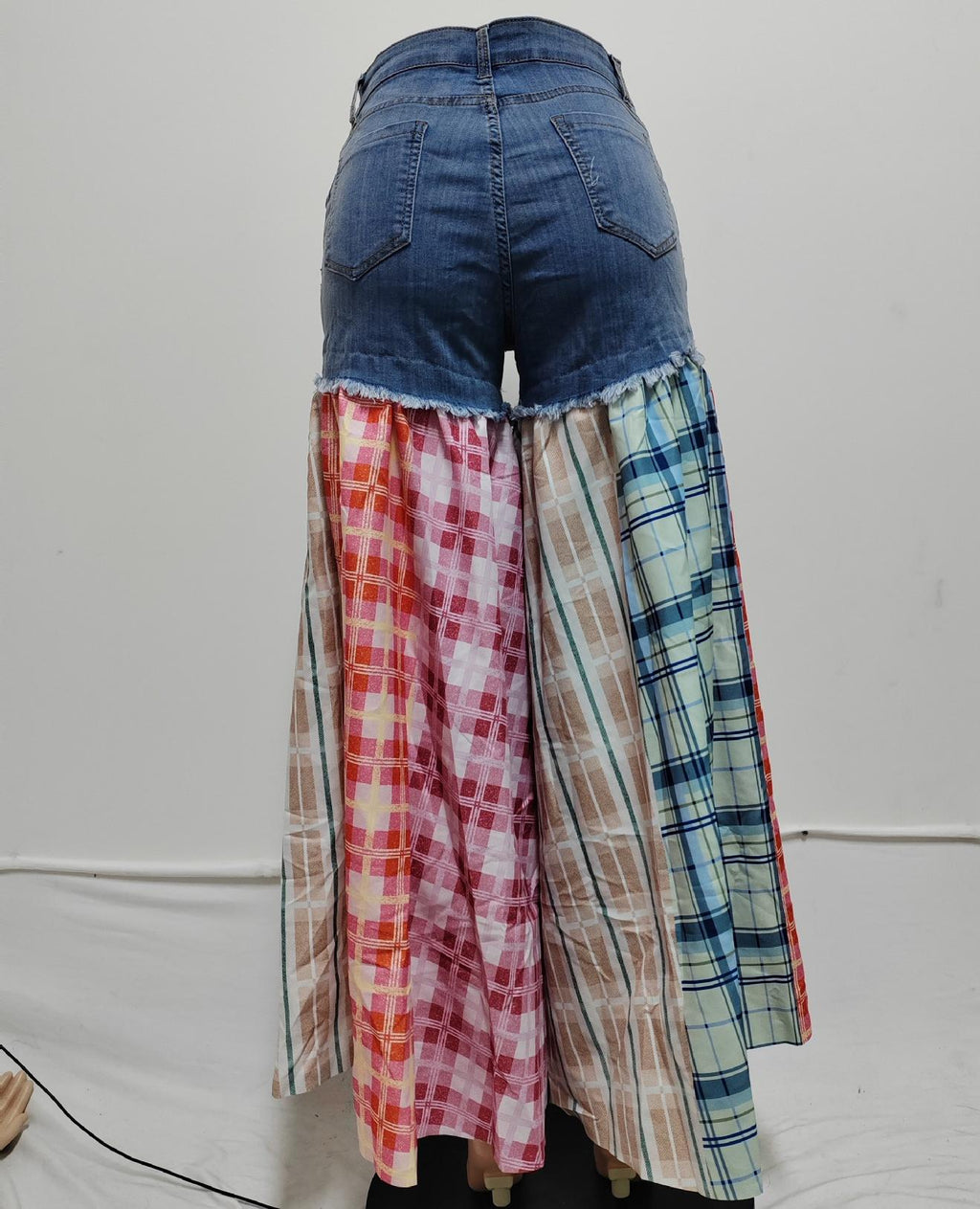 Plaid Patchwork Denim Wide Leg Jeans - Blue - 2