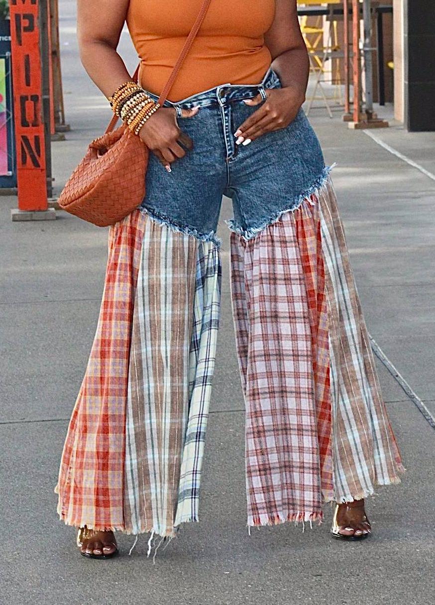 Plaid Patchwork Denim Wide Leg Jeans - Blue - 3
