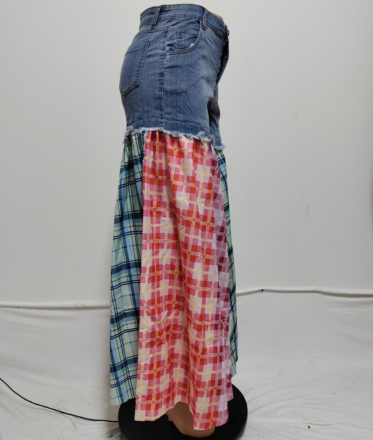 Plaid Patchwork Denim Wide Leg Jeans - Blue - 4