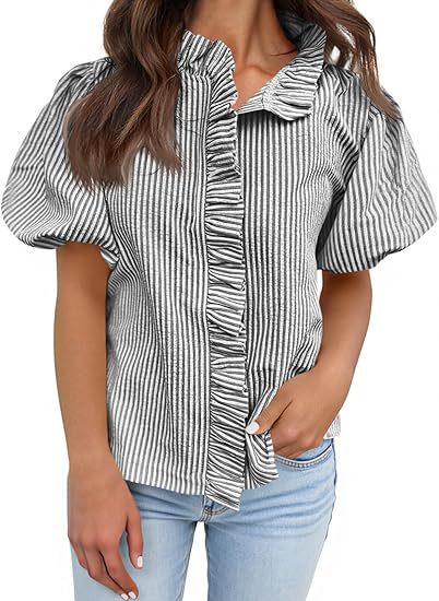 Striped Ruffle Placket Puff Sleeve Blouse - Black