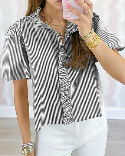 Striped Ruffle Placket Puff Sleeve Blouse - Black - 1