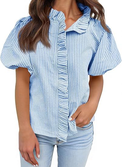 Striped Ruffle Placket Puff Sleeve Blouse - Blue