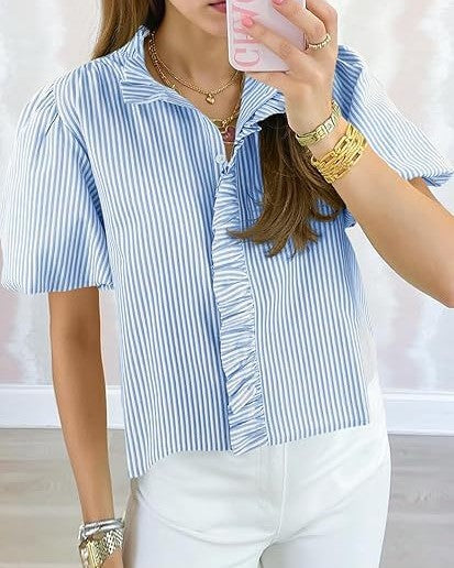 Striped Ruffle Placket Puff Sleeve Blouse - Blue - 1