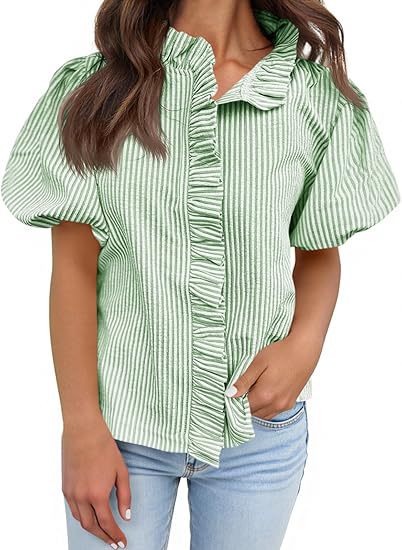 Striped Ruffle Placket Puff Sleeve Blouse - Green