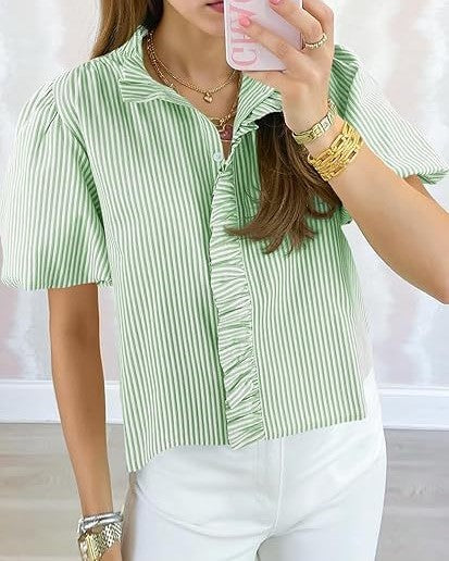Striped Ruffle Placket Puff Sleeve Blouse - Green - 1