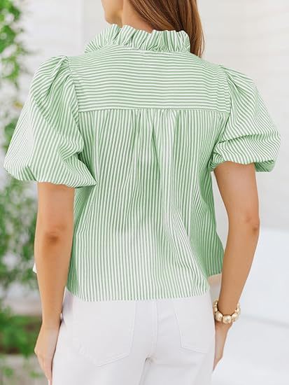 Striped Ruffle Placket Puff Sleeve Blouse - Green - 3
