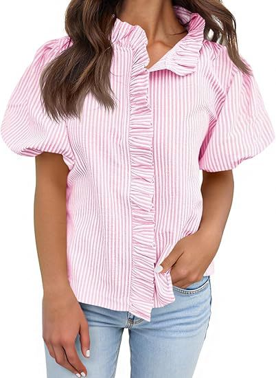 Striped Ruffle Placket Puff Sleeve Blouse - Pink