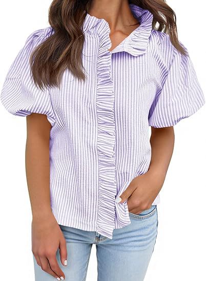 Striped Ruffle Placket Puff Sleeve Blouse - Purple
