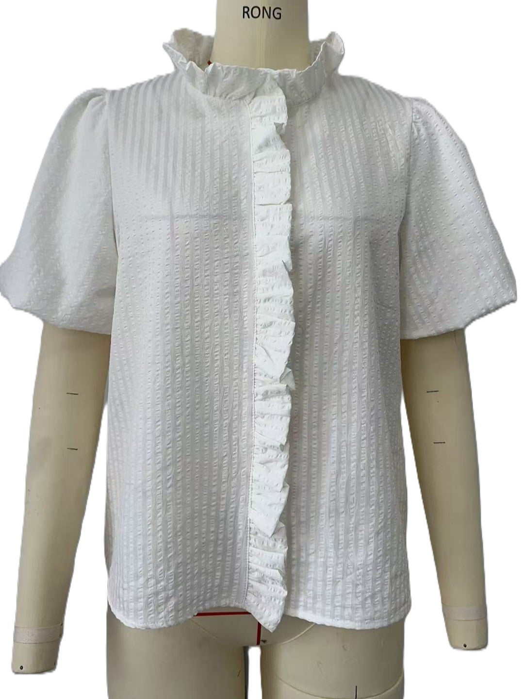 Striped Ruffle Placket Puff Sleeve Blouse - White