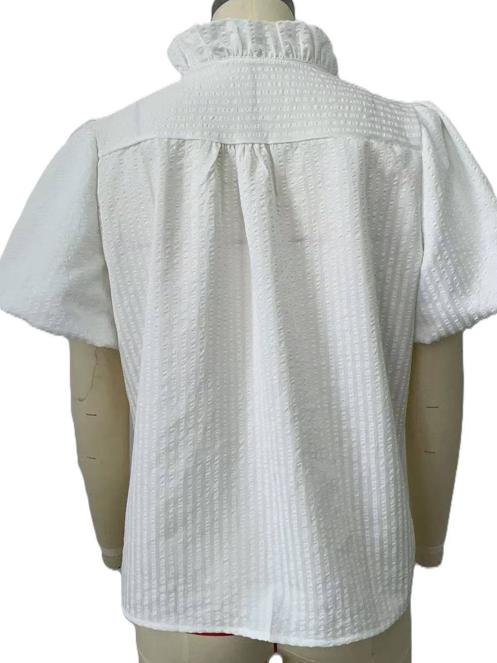 Striped Ruffle Placket Puff Sleeve Blouse - White - 1