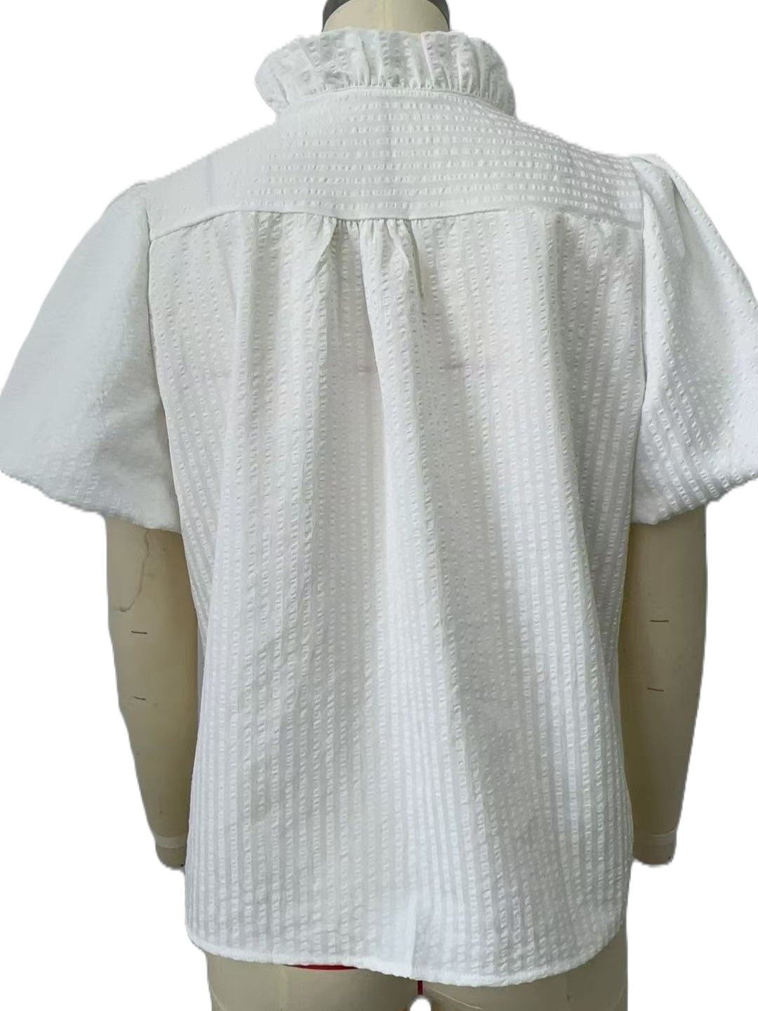 Striped Ruffle Placket Puff Sleeve Blouse - White - 1