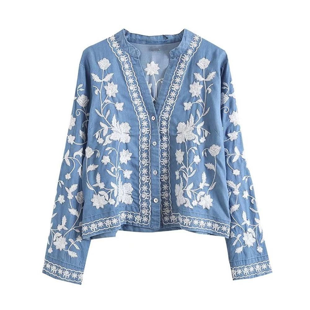 Boho Floral Embroidered Chambray Button Blouse - Blue