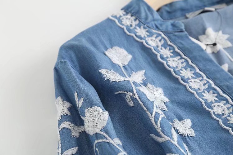 Boho Floral Embroidered Chambray Button Blouse - Blue - 1