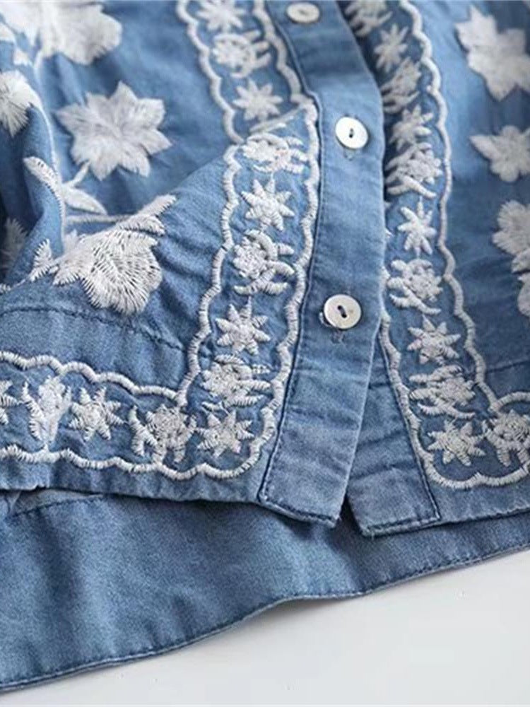 Boho Floral Embroidered Chambray Button Blouse - Blue - 2